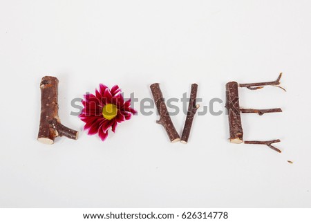 the inscription love of sticks and flowers on a white isolated background