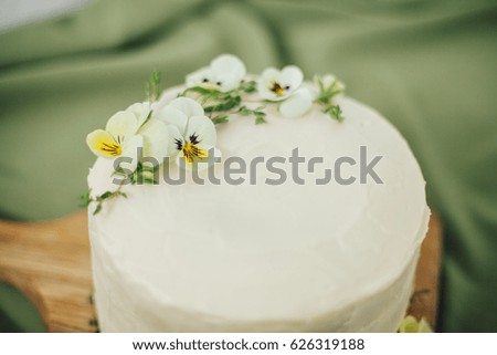 Vanilla cake. Decoration flowers. Sweet birthday present. For girl. Handmade. 