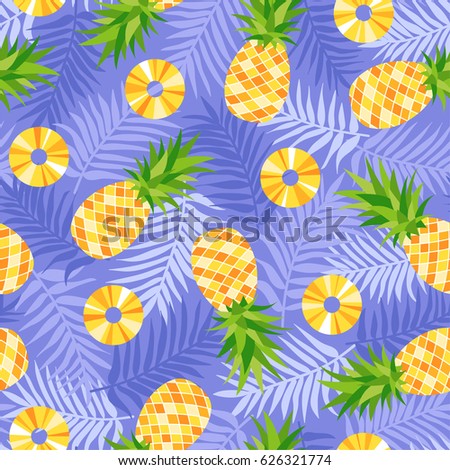 Pineapple and purple palm leaf seamless pattern background