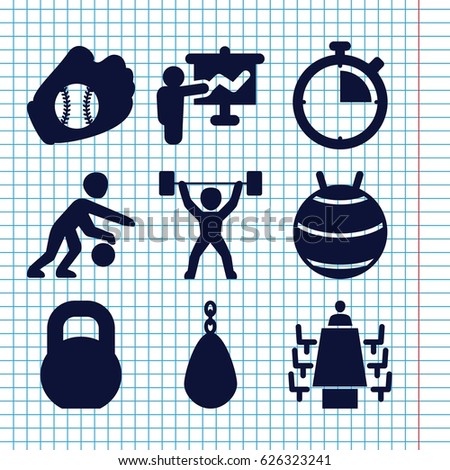 Set of 9 training filled icons such as barbell, meeting, basketball player, power lifter, baseball glove, stopwatch, teacher, fit ball