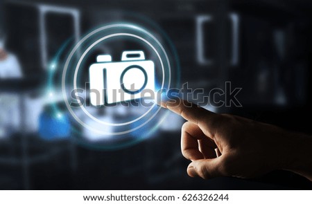 Businessman on blurred background using modern camera application 3D rendering