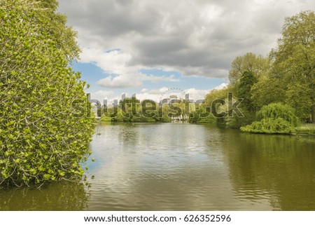 A Landscape of the Lake of St.James Park during spring time, with a view at the London Eye. London, United Kingdom, April 2017 