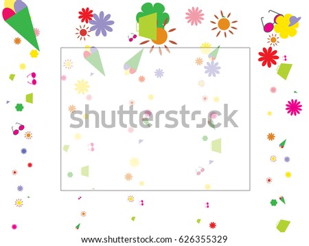 Abstract background for documents on a theme of rest. Flowers of different sizes and shapes, sunglasses
