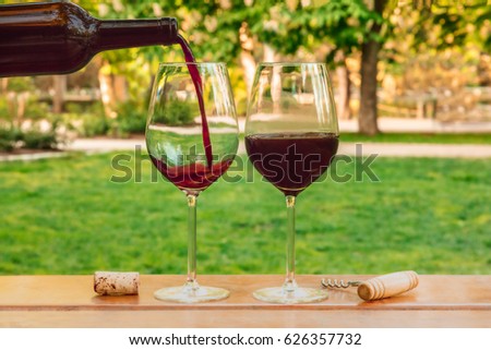 Red wine poured from a bottle into a glass at a picnic, with a cork and a corkscrew, with green grass in the blurred background, on a sunny day