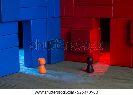 Choice concept. Two abstract business persons and two doors, blue and red, doubtful. The man hesitates before choosing. Business Mans standing in front of two doors, unable to make the right decision.