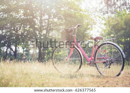 Landscape picture Vintage Bicycle with Summer grass field at sunset ; vintage filter style. 