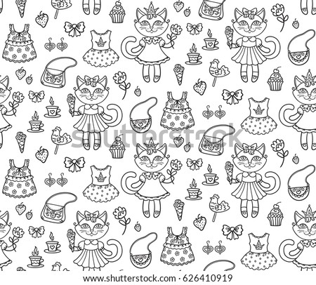 Vector, illustration, outline, set, little princess, friends, cat, girl, dress, bag, coffee, sweets, crown, children coloring page,summer, seamless pattern