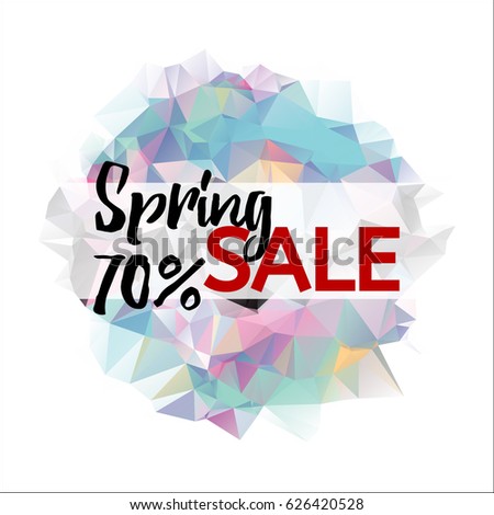 Spring Sale vector colourful triangular banner. 70% off flyer. Low poly background for discount posters. Triangular round element in pink and turquoise colours. 