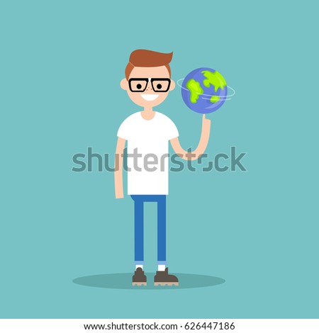 Young character spinning the globe on finger / flat editable vector illustration, clip art