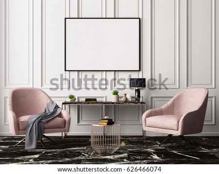 Mock up poster in a pastel interior with armchairs and a table. 3D rendering