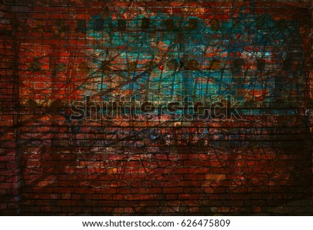 Abstract creative background - lines, light and color. Red and green. Brick texture