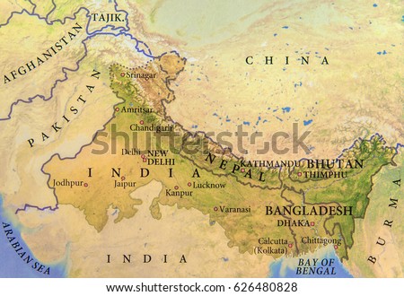 Geographic map of India, Nepal, Bhutan and Bangladesh with important cities Royalty-Free Stock Photo #626480828