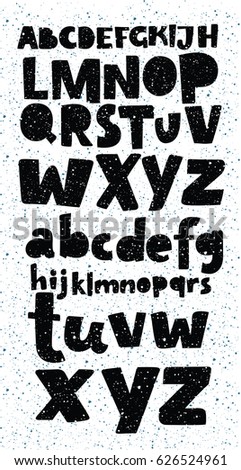 Vector cartoon Grunge full alphabet in black and white colors with messy texture for your design, posters and lettering. Latin capital uppercase letters and lowercase set.