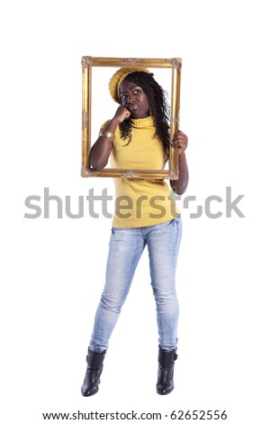 young beautiful african woman inside an antique picture frame (isolated on white)
