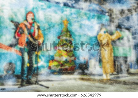 Blurred background of a winter landscape - people in the park to celebrate Christmas holiday. The performance of the artists on stage. Actors and musicians entertain the guests.