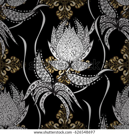 Golden pattern on black background with golden elements. Seamless classic golden pattern. Vector traditional orient ornament.