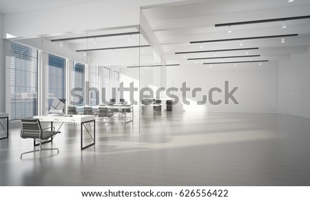 Modern empty elegant office with windows and workplaces. Mixed media Royalty-Free Stock Photo #626556422
