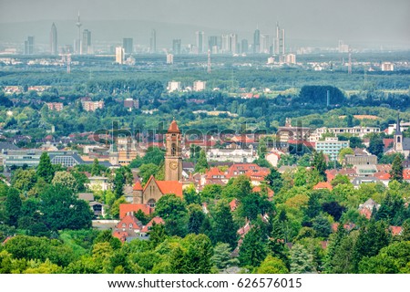 Cityscape of Darmstadt (Germany), the skyline of Frankfurt am Main in the background, HDR-technique Royalty-Free Stock Photo #626576015