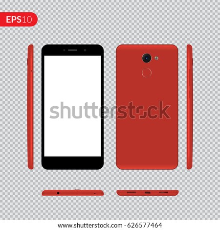 Smartphone, mobile phone on isolated background, Photo realistic vector illustrations modern phone with red color. Front, back and form the side view mockup template.