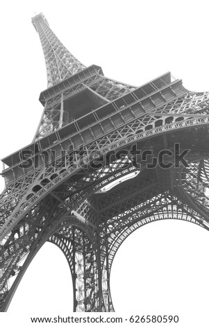 The Eiffel tower in Paris isolated on the white background. Black and white image 