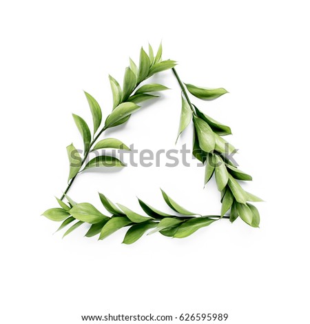 triangle frame with green leaves and branches isolated on white background. lay flat, top view