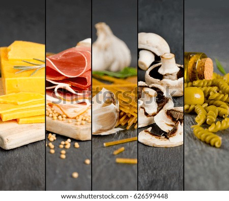 Photo of ham, pasta, cheese and vegetable on gray slate surface; healthy eating concept