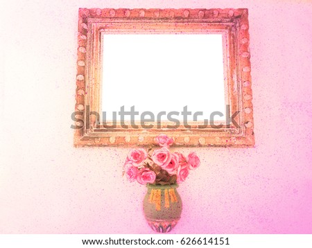Flower vase and blank photo frame copy space pink pastel tone