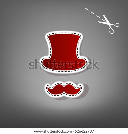 Hipster accessories design. Vector. Red icon with for applique from paper with shadow on gray background with scissors.