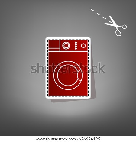 Washing machine sign. Vector. Red icon with for applique from paper with shadow on gray background with scissors.