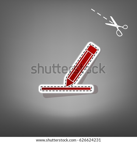 Pencil sign illustration. Vector. Red icon with for applique from paper with shadow on gray background with scissors.
