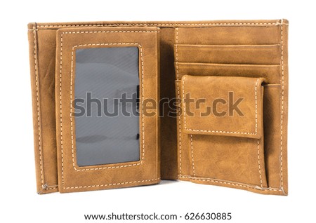 Brown leather wallet with blank slot for picture or card isolated on white background