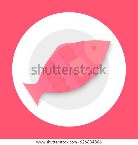 Cooked red fish on plate in flat style on red background