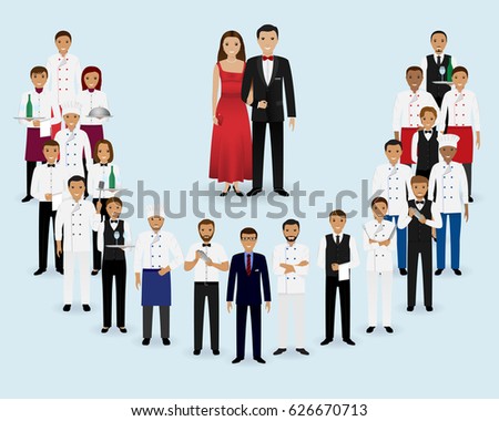 Restaurant team. Group of manager, chef, waiters, waitresses, cook, bartenders and couple of visitors standing together. Food service staff website banner. Vector illustration