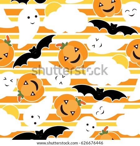 Seamless pattern of Cute pumpkin, bat and ghost vector cartoon on striped background, Halloween wallpaper, scrap paper, and postcard, T-shirt design for kids