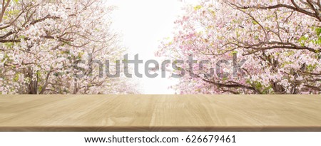 Wood table top and blurred flowers tree in park banner background - can used for display or montage your products.