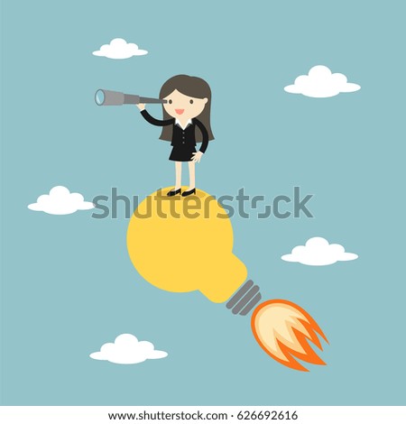 Business woman standing on the light bulb with a telescope. Vector illustration.