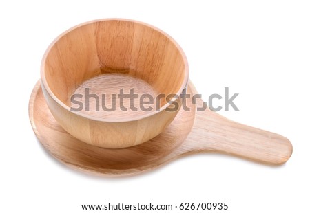 Wood bowl and wood pizza circle plate isolated on white background.