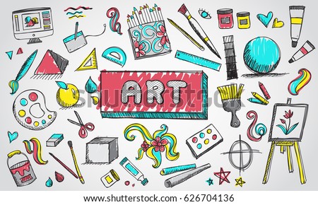 Fine art equipment and stationary doodle and tool model icon in isolated background. Art subject doodle used for school education or document decoration with subject header text, create by vector
 Royalty-Free Stock Photo #626704136