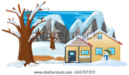 Winter scene with snowman in front of house illustration