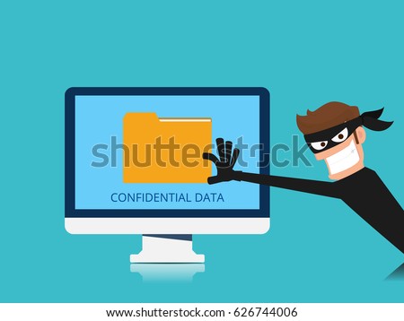 Thief. Hacker stealing confidential data document folder from computer useful for anti phishing and internet viruses campaigns. concept hacking internet social network. Cartoon Vector Illustration. Royalty-Free Stock Photo #626744006