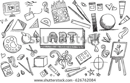 Black and white fine art stationary doodle and tool model icon in isolated background. Art subject doodle used for school education or document decoration with subject header text, create by vector Royalty-Free Stock Photo #626762084