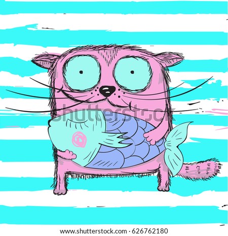 Hand drawn illustration of happy fat cat holds a fish pie Design for kids, cards, stickers, t-shirts printing.