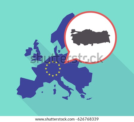 Illustration of a long shadow European Union map with its flag, and a comic balloon with  a map of Turkey