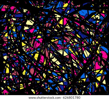 Seamless pattern of chaotic bright elements. Multicolored fragments on a black background. Universal print for paper, fabric, wallpaper, textiles. Vector illustration EPS 8