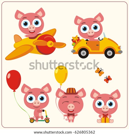 Set isolated pig for holiday design: in airplane, car, with balloons and gifts.