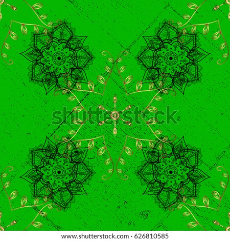 Green background with golden elements. Oriental ornament in the style of baroque. Traditional classic vector pattern.