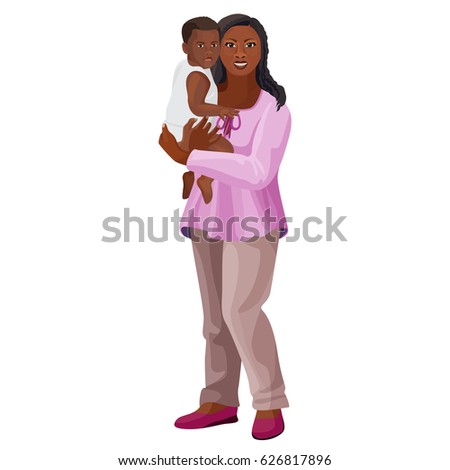 Black woman with child on arms vector illustration isolated on white. Afro-american mother with adorable toddler son, motherhood concept