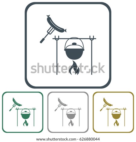 Fire, pot and sausage icon. Vector illustration.

