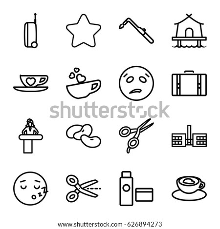 Clipart icons set. set of 16 clipart outline icons such as airport desk, bean, barber scissors, star, blowtorch, cup with heart, cream tube, tent, suitcase, sweating emot