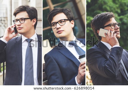 Collage made of three images of a young businessman wearing glasses talking on the phone and drinking coffee from a paper cup